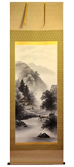 японский рисунок на свитке Пейзаж с мостиком и рыбаком, 1930-50-е гг.