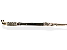japanese antique engraved tobacco pipe, silver, bamboo shaft