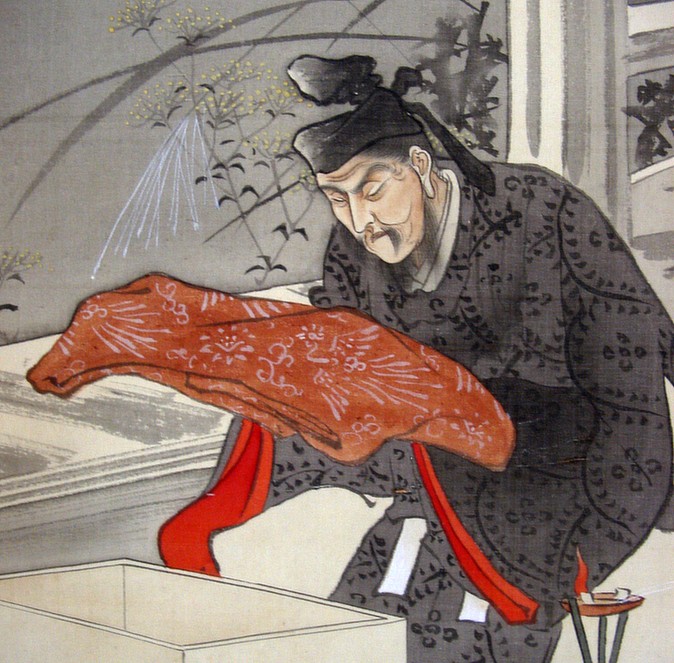 Sugawara no Michizane in exile, Japanese antique picture on scroll by HOSAI (1848 - 1920), before 1912