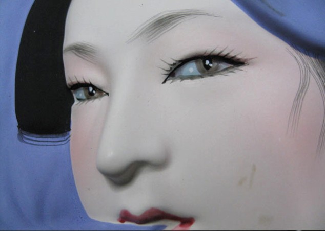 geisha with blue scarf, Japanese framed relief