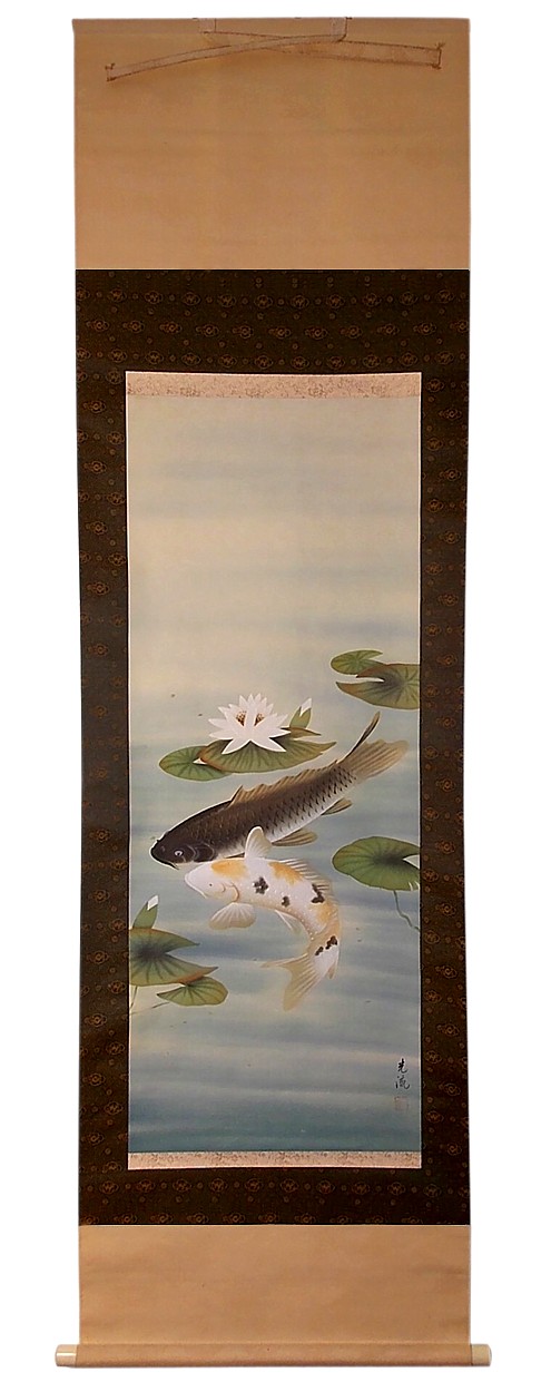 Japanese antique paintig on scroll Two Fishes in a pond with water lilies