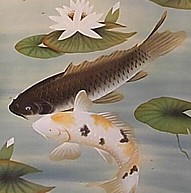 japanese antique picture on scroll Two fishes, 1930's