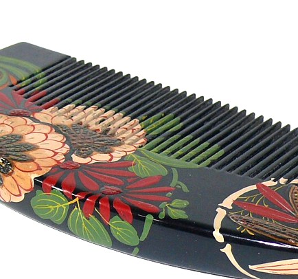 Japanese antique wooden  hair comb, detail of painting