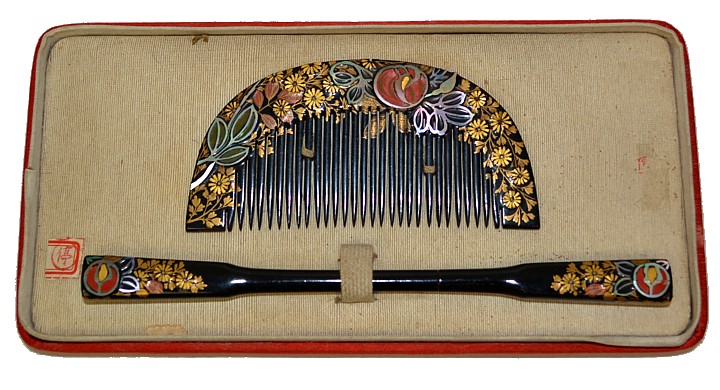 Japanese antique wooden comb with golden flowers and persimmon motif