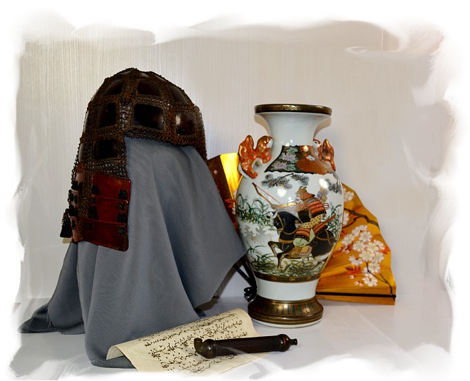 Japanese samurai warrior helmet, pocelain vase with samurai scene, japanese iron tobacco pipe