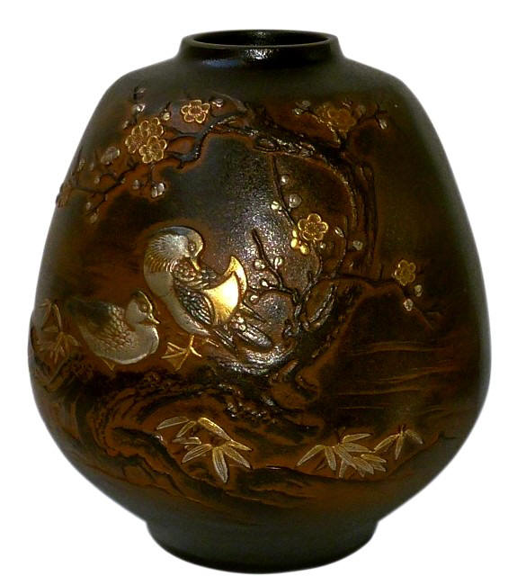 japanese bronze vase with Mandarin Ducks relief, 1920's