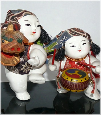 Japanese Lion Dancers Gosho Twin Dolls, 1930's