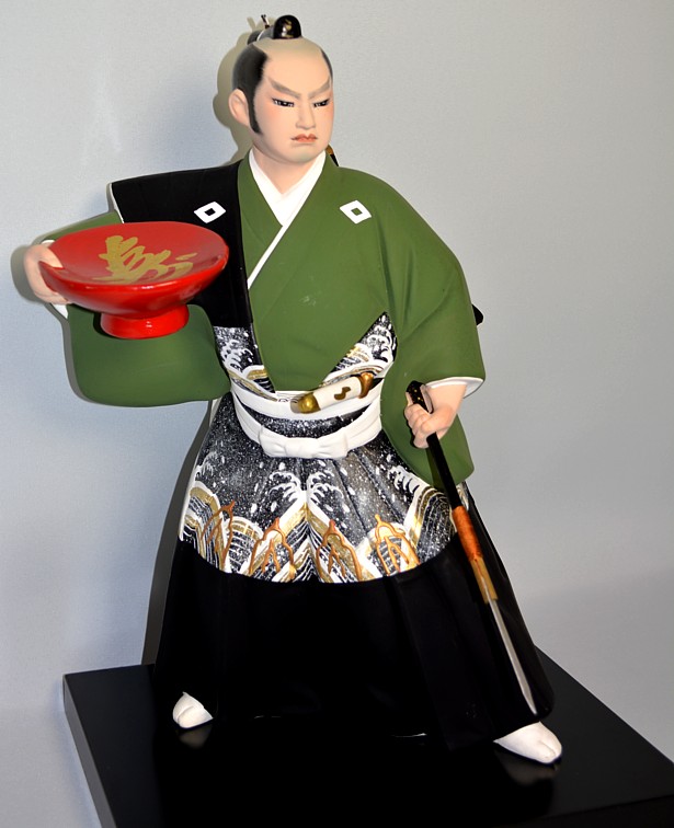 samurai warrior with spear and wine cup, japanese clay doll. The Japonic Online Store