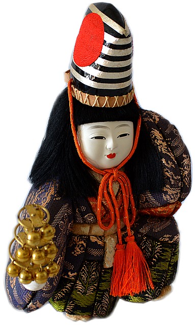japanese kimekomi doll of a boy dancing with rattle, 1960's