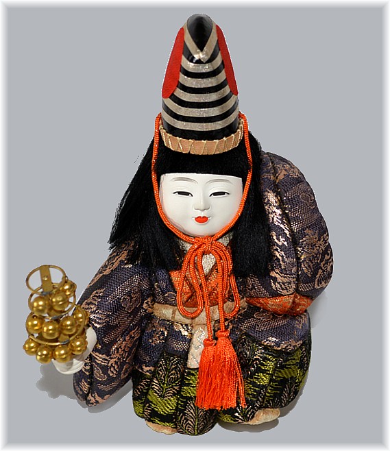 japanese kimekomi doll of a boy dancing with a rattle, 1950-60's