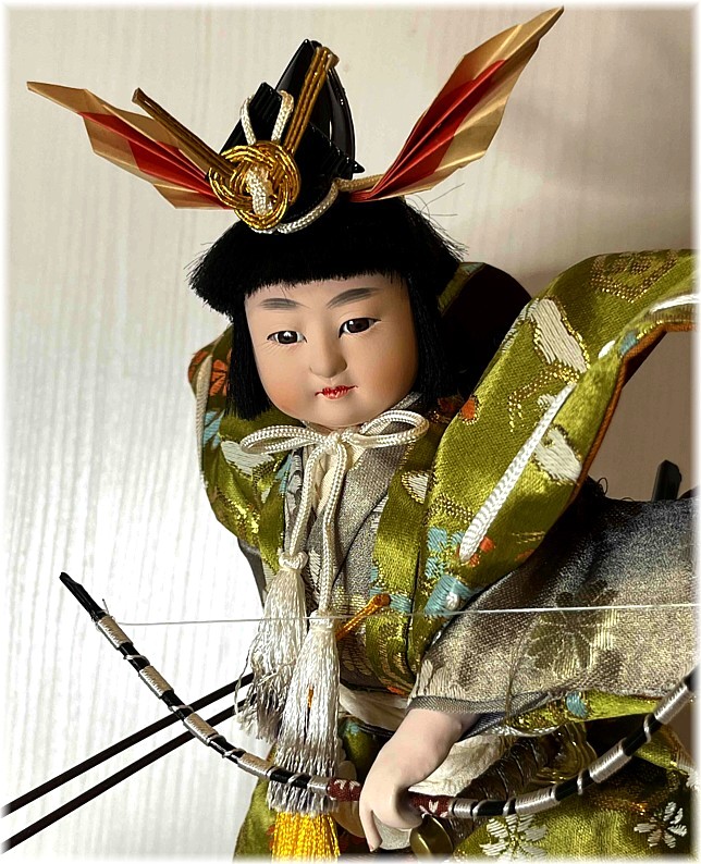 Japanese ntique  doll of a Young Samurai  with big bow and arrows, 1950's