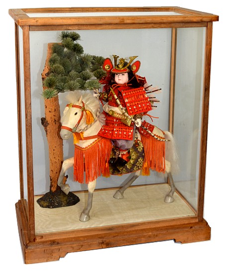 japanese antique samurai doll in glass box