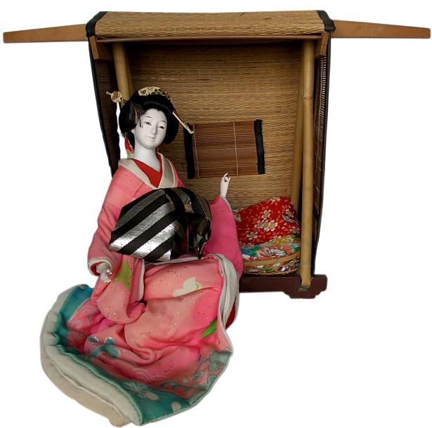 antique japanese oiran doll with straw taxi-cab, kago, 1920's