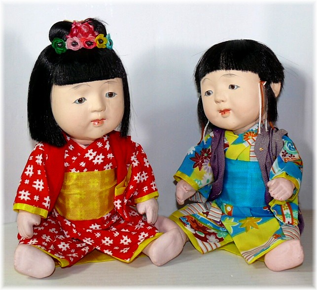 japanese pair of traditionall ichimatsu dolls of kiddies, 1920's