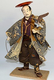 Japanese antique wooden carved doll of a Nobleman with falcon, 1900's