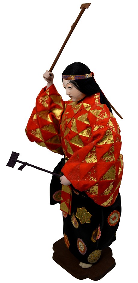 Japanese Noh play character with mask and hammers in her hands