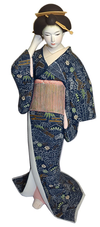 A woman in dark-blue kimono, Japanese Hakata figurine