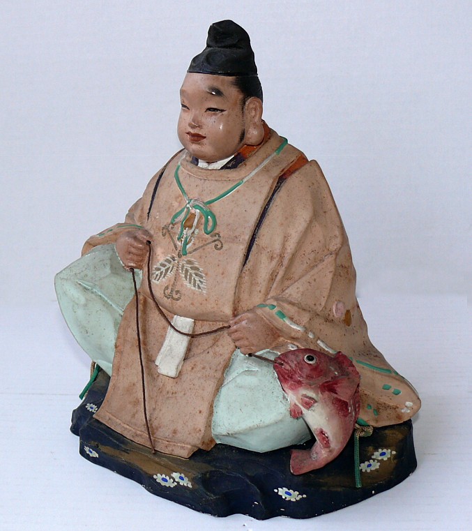japanese antique clay doll of Ebisu, Japanese Deity