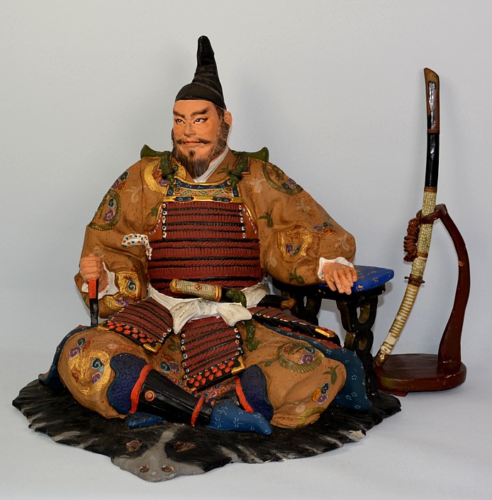 japanese antique samurai warrior lord hakata clay doll, 1950-60's