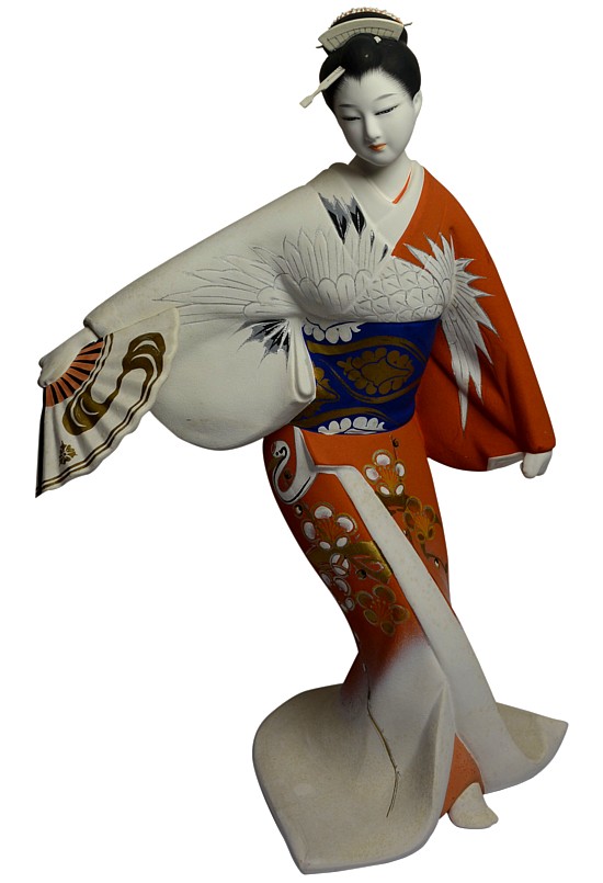 japanese Hakata clay figurine of a dancing woman with fan in her hand