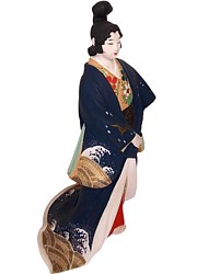 Japanese Noble Lady in dark-blue kimono, ceramic Hakata figurine, antique