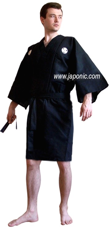 Japanese man's short cotton kimono with embroidered mon of Tokygawa