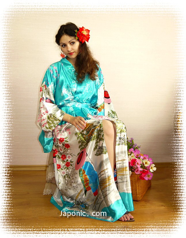 Japanese kimono robe, silky polyester, made in Japan