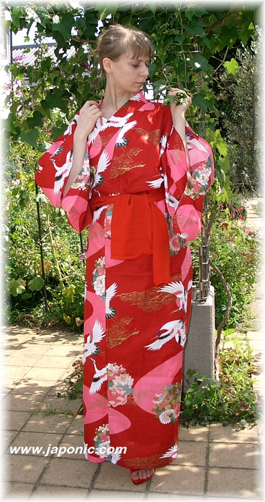 japanese woman's traditional cotton yukata, crimson-red color