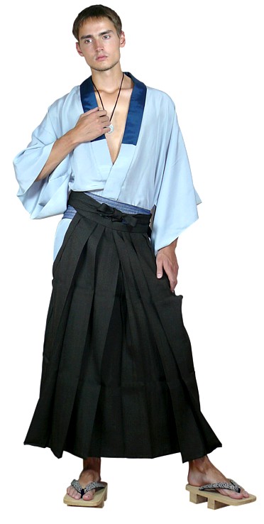 japanese traditional clothes: kimono, hakama, obi and wooden geta
