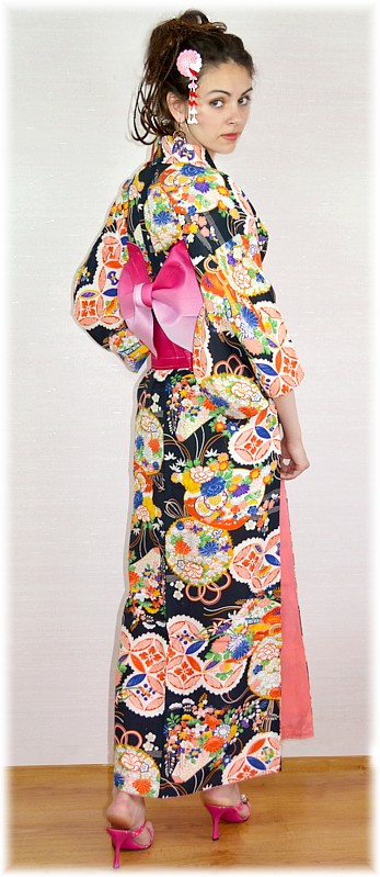 japanese antique silk kimono and pre-tied obi belt