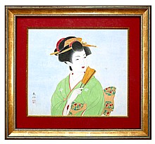 Красавица с веером, японская картина, Наттори Шусэн, 1927-й г.