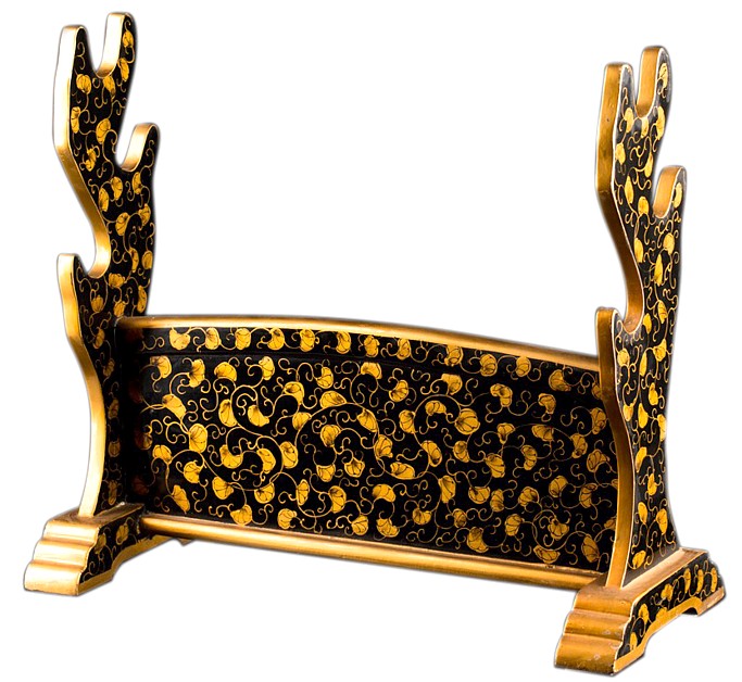 японская старинная  резная подставка для  мечей с золотой росписью