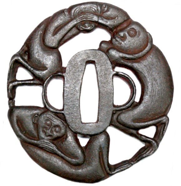 коллекция японского оружия, гарда самурайского меча цуба Три Обезьянки