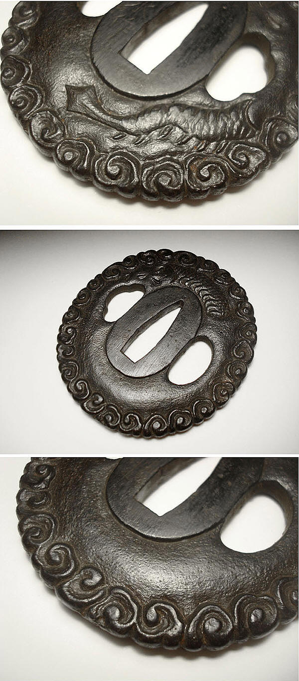 подписная кованная цуба (гарда меча) эпохи Эдо с изображением ДРАКОНА В ОБЛАКАХ