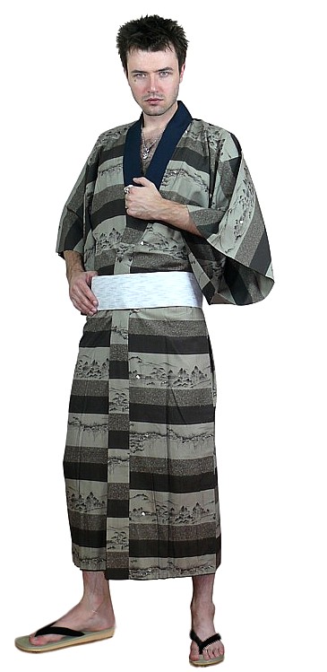 japanese man's traditional kimono, obi belt and straw sandals zori