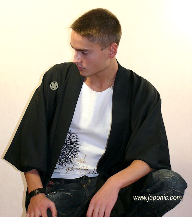 japanese man's silk haori jacket with five samurai family mon