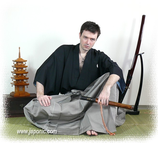 Clothes for Japanese martial arts: black silk kimono and hakama