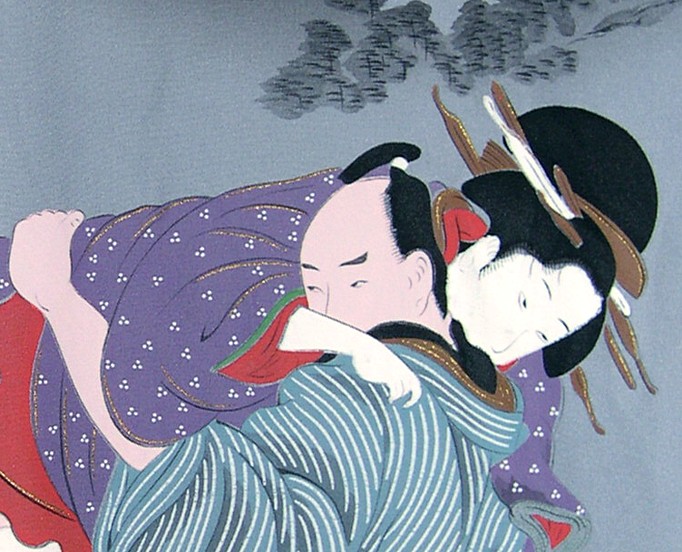 japanese man's silk kimono with erotic scene on kimono back
