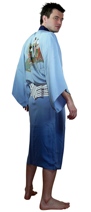 japanese man's traditional garment: silk hand painted kimono with lining and obi belt