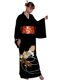 japanese traditional black silk formal lady's kimono, antique