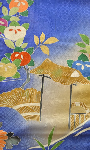 japanese antique silk kimono, detail of a painting