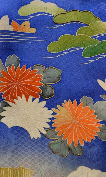 japanese antique silk kimono, detail of a painting and embroidering
