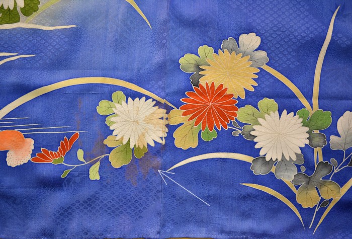 japanese antique silk kimono,  small stains on kimono's  hem