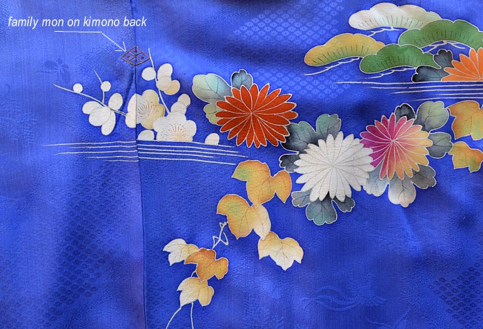 japanese antique silk kimono, detail of a painting and embroidery