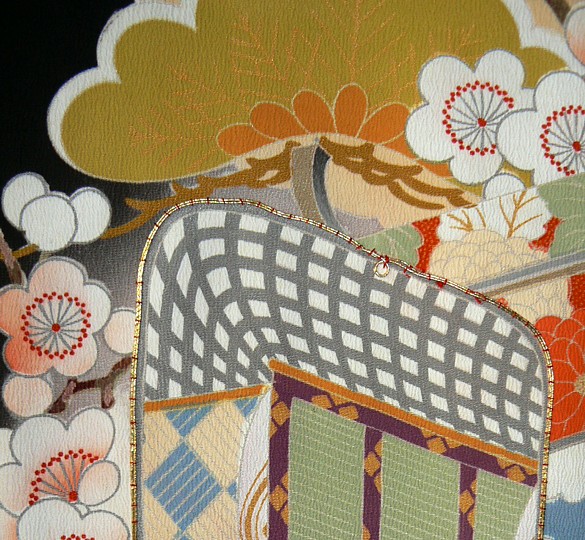 japanese antique kimono detail of hand painting and embroidering
