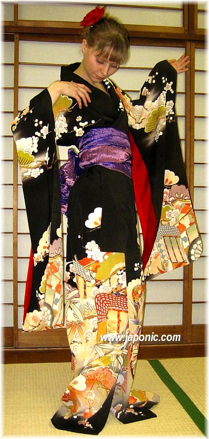 Japanese antique hand-painted and partly embroidered silk kimono, 1910-20's