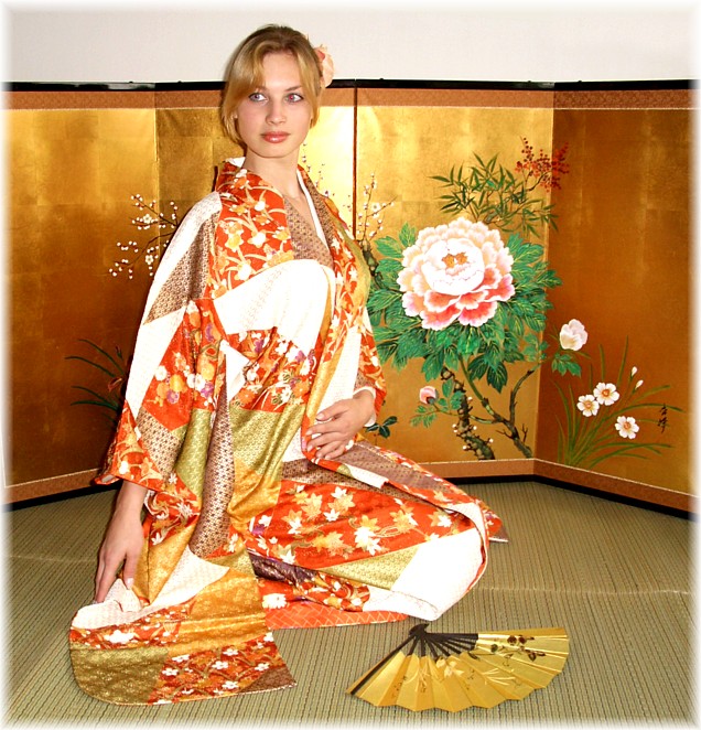 japanese woman's silk antique kimono furisode, 1950's