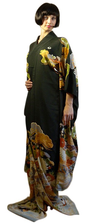 japanese antique black silk kimono