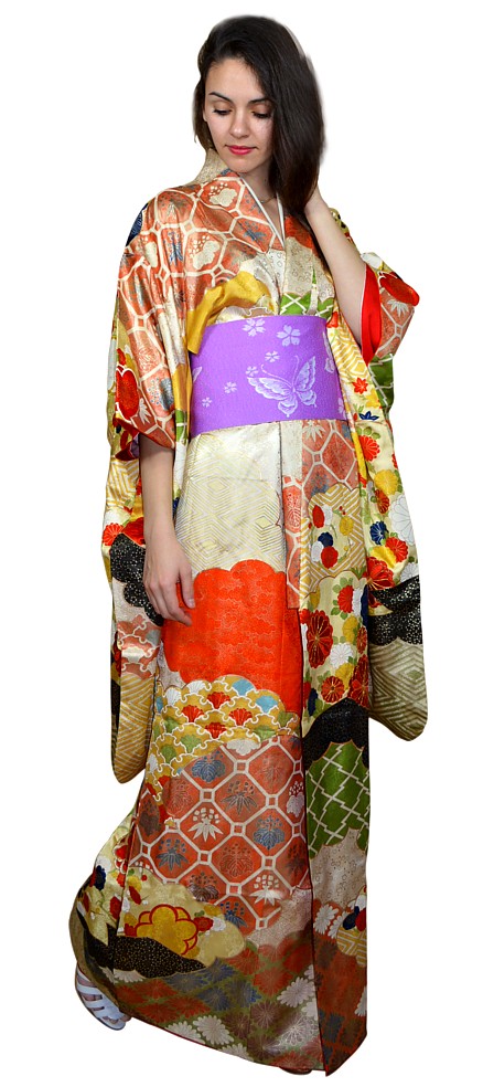japanese silk celebration kimono for younf lady, vintage
