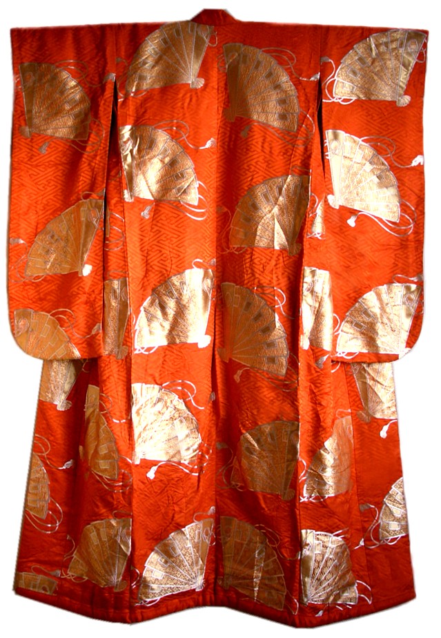 japanese vintage wedding kimono with golden fans and ropes motif